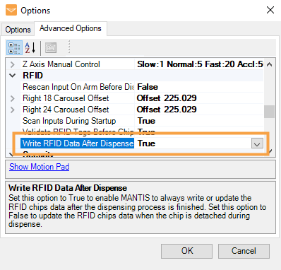Write RFID Data After Dispense Option in the Options Menu